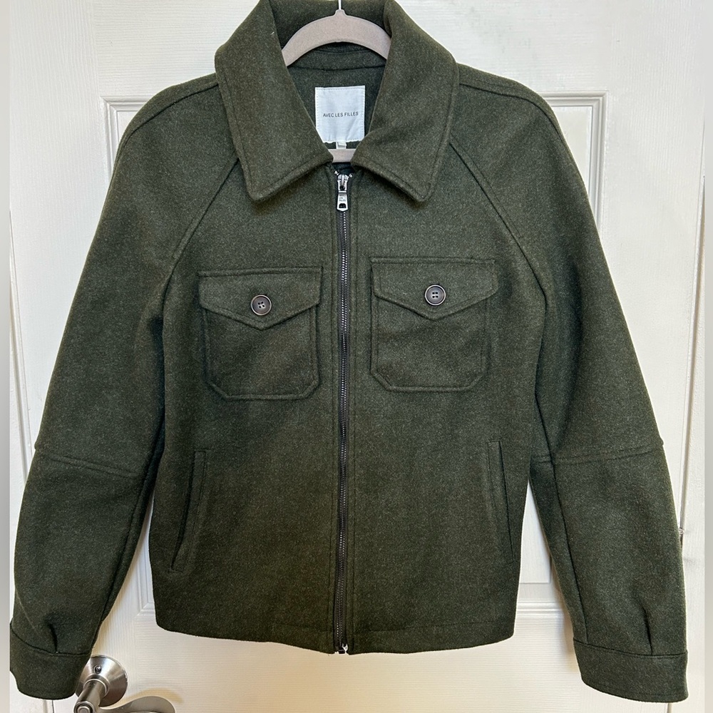 Avec Les Filles Army Green Bomber Jacket Outerwear Zip-Up Coat Shacket Sz S